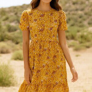 Rue 21 Boho Dress Yellow Gold Floral All Over Sz. S Midi Knit Prairie Western